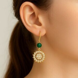 Elegant Gold Green Bead Crystal Drop‎ Earrings | Pearl Sunburst Design NWT